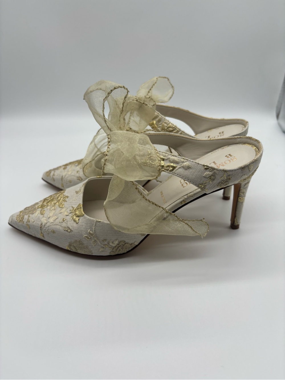 Something Bleu Bridal Ivory Pointed-Toe Heels with Gold Floral Embroidery - Picture 5 of 8